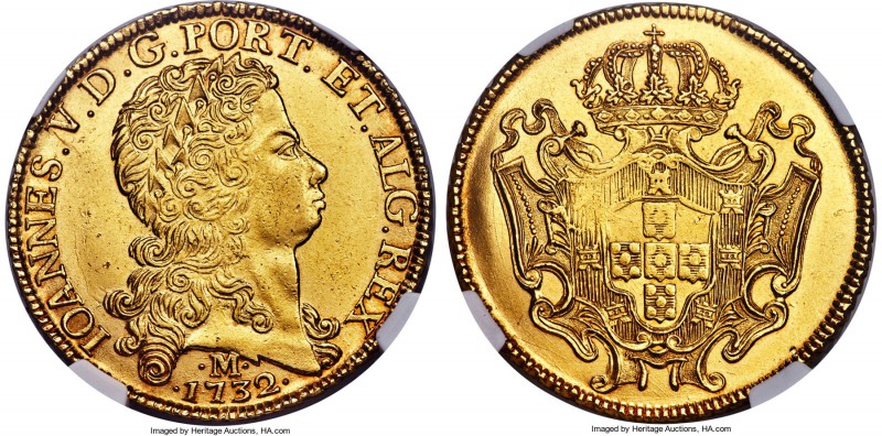 João V gold 12800 Reis (Dobra) 1732-M MS62 NGC, Minas Gerais mint, KM139, LMB-O2...