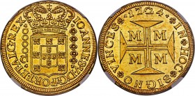 João V gold 20000 Reis 1724-M MS62 NGC, Minas Gerais mint, KM117, LMB-0248. A superb rendition of this imposing large gold issue, which, though struck...