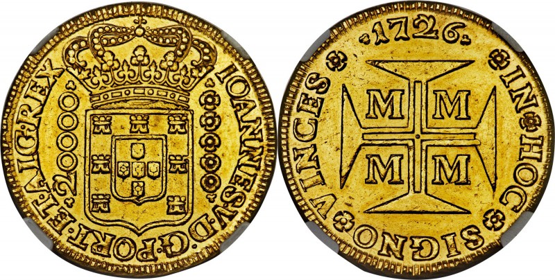 João V gold 20000 Reis 1726-M AU58 NGC, Minas Gerais mint, KM117, Fr-33, LMB-O25...