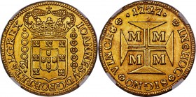 João V gold 20000 Reis 1727-M MS63 NGC, Minas Gerais mint, KM117, Russo-251. Exceedingly scarce in Mint State, much more so in choice certification, t...