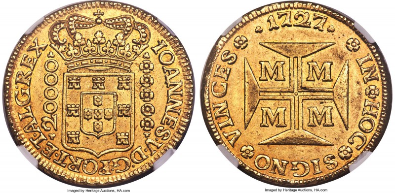 João V gold 20000 Reis 1727-M MS62 NGC, Minas Gerais mint, KM117, Russo-251. The...