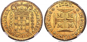 João V gold 20000 Reis 1727-M MS62 NGC, Minas Gerais mint, KM117, Russo-251. The final date from this challenging, four-year series, shown with stunni...