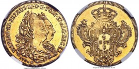 Maria I & Pedro III gold 3200 Reis 1780-B AU58 NGC, Bahia mint, KM150, Russo-475. A wonderful example of this inaugural date in the series, bordering ...