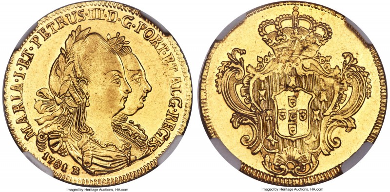 Maria I & Pedro III gold 3200 Reis 1781-B MS61 NGC, Bahia mint, KM150, Fr-78, LM...
