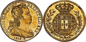 João VI gold 6400 Reis 1818-R MS61 NGC, Rio de Janeiro mint, KM328, Russo-587, Gomes-19.01. Mintage: 14,000. A wonderful example with flash in the leg...