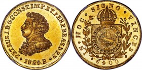 Pedro I gold 6400 Reis 1825-B MS64+ NGC, Bahia mint, KM370.2, Russo-606. The rendition as Roman emperor in the legendary "Coronation" piece 6400 Reis ...