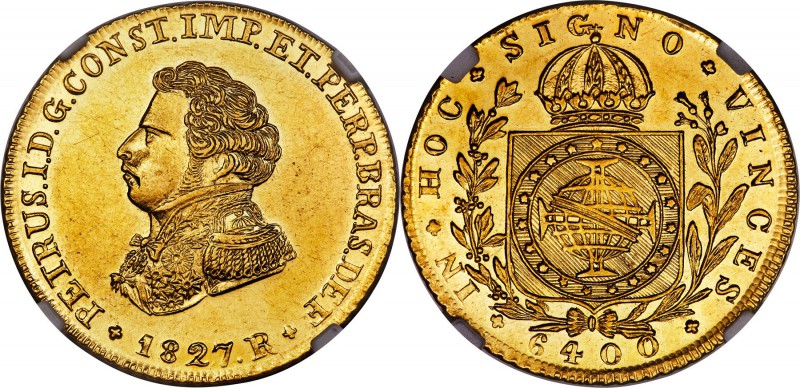 Pedro I gold 6400 Reis 1827-R MS62 NGC, Rio de Janeiro mint, KM370.1, Russo-634,...