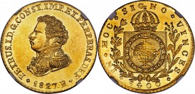 Pedro I gold 6400 Reis 1827-R MS62 NGC, Rio de Janeiro mint, KM370.1, Russo-634, Fr-109. A great Brazilian rarity with a total mintage of just 637 exa...