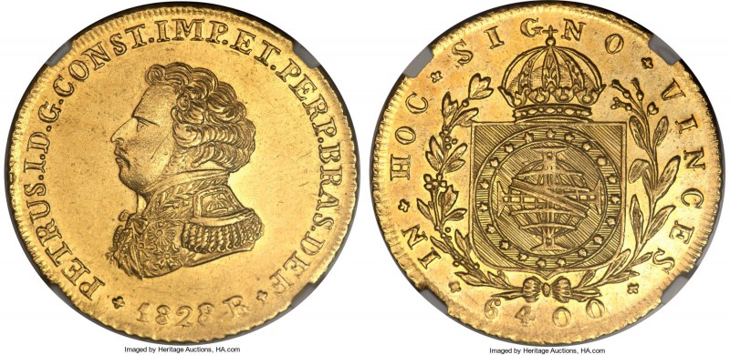 Pedro I gold 6400 Reis 1828/7-R MS62 NGC, Rio de Janeiro mint, KM370.1, Russo-60...