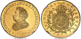 Pedro I gold 6400 Reis 1828/7-R MS62 NGC, Rio de Janeiro mint, KM370.1, Russo-602. Expertly struck, rendering Pedro's portrait fully detailed, this sc...