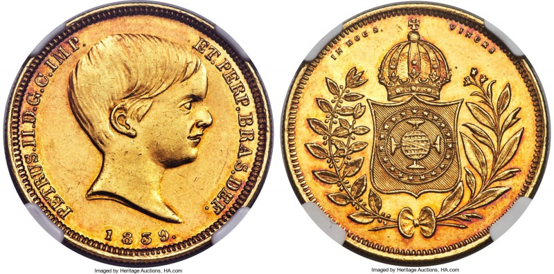 Pedro II gold 10000 Reis 1839 AU58 NGC, KM451, Russo-620. Mintage: 567. Impressi...