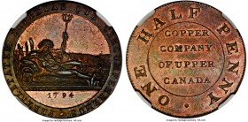 Copper Company of Upper Canada Proof 1/2 Penny Token 1794 PR65 Red and Brown NGC,  Br-721, PF-4. Original, coinage alignment, with orange centers prog...