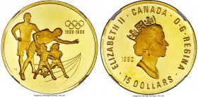 Elizabeth II gold Off-Metal Proof 15 Dollars 1992 PR68 Ultra Cameo NGC, Royal Canadian mint, cf. KM215 (for original type in silver). 1992 Olympics se...