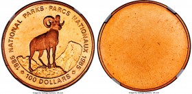 Elizabeth II copper Uniface "National Parks" 100 Dollars 1985 PR66 Ultra Cameo NGC,  KM144 var. A curious uniface example that features the reverse de...