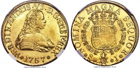Ferdinand VI gold 8 Escudos 1757 So-J AU53 NGC, Santiago mint, KM3, Cal-10907. A stunning example with partial underlying luster and an impressive amo...