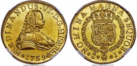 Ferdinand VI gold 8 Escudos 1759 So-J MS63 NGC, Santiago mint, KM12, Onza-657. Variety with the King's name spelled out as "FERDINANDUS". Well preserv...