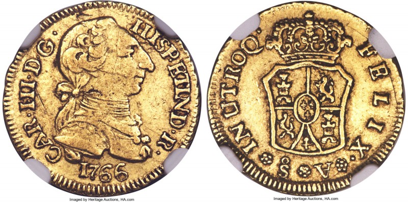 Charles III gold Escudo 1766 So-∀ XF45 NGC, Santiago mint, c.f. Cal-12231. This ...