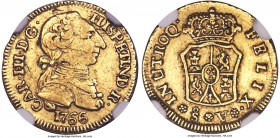 Charles III gold Escudo 1766 So-∀ XF45 NGC, Santiago mint, c.f. Cal-12231. This piece is incorrectly attributed by NGC as a "V" assayer when in fact i...