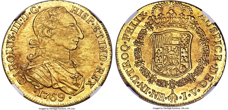 Charles III gold 8 Escudos 1769 NR-V MS62 NGC, Nuevo Reino mint, KM41, Restrepo-...
