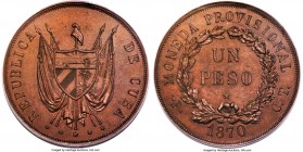 Provisional Republic copper Proof Pattern Peso 1870 P-CT PR63 Brown PCGS, Potosi mint, KM-X5a. Deeply mahogany-brown in color, with darker tone that c...
