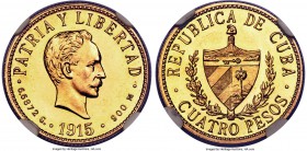 Republic gold Proof 4 Pesos 1915 PR64 Cameo NGC, Philadelphia mint, KM18. Proof Mintage: 100. Produced with a scant mintage, this mirror-like issue is...