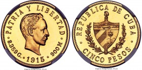 Republic gold Proof 5 Pesos 1915 PR66 Ultra Cameo NGC, Philadelphia mint, KM19, Fr-4. Mintage: 50. Perhaps the finest survivor of this gold Proof deno...