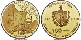 Republic gold Proof Piefort "Bastille Anniversary" 100 Pesos 1989 PR70 Ultra Cameo NGC, Havana mint, KM-P34. Mintage: 12. Commemorating the 200th anni...