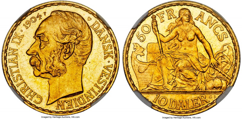 Danish Colony. Christian IX gold 10 Daler (50 Francs) 1904 (heart)-GJ MS63 Proof...