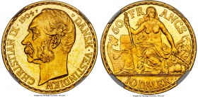 Danish Colony. Christian IX gold 10 Daler (50 Francs) 1904 (heart)-GJ MS63 Prooflike NGC, Copenhagen mint, KM73. A perpetually popular colonial type, ...