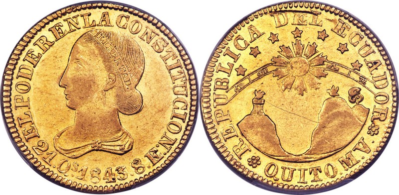 Republic gold 8 Escudos 1843 MV AU Detail (Scratch) PCGS, Quito mint, KM23.2, Fr...