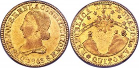 Republic gold 8 Escudos 1843 MV AU Detail (Scratch) PCGS, Quito mint, KM23.2, Fr-3. A beautiful representative of this Liberty Head type, with a wide,...