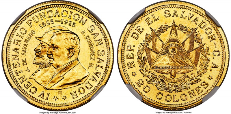 Republic gold 20 Colones 1925-Mo MS66 NGC, Mexico City mint, KM132. Struck to co...