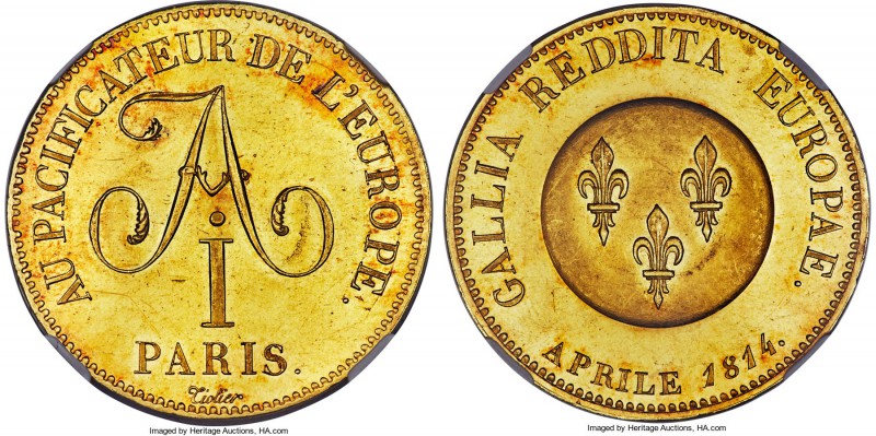 Alexander I of Russia gold "Peacemaker" Medallic Essai 5 Francs 1814 MS63 NGC, M...