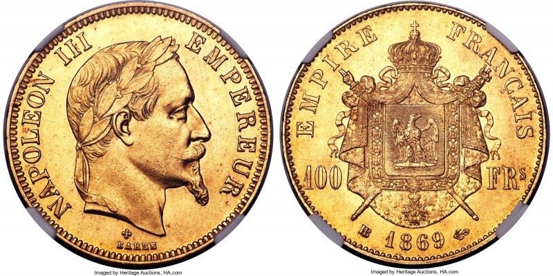 Napoleon III gold 100 Francs 1869-BB MS65 NGC, Strasbourg mint, KM802.2, Fr-581....