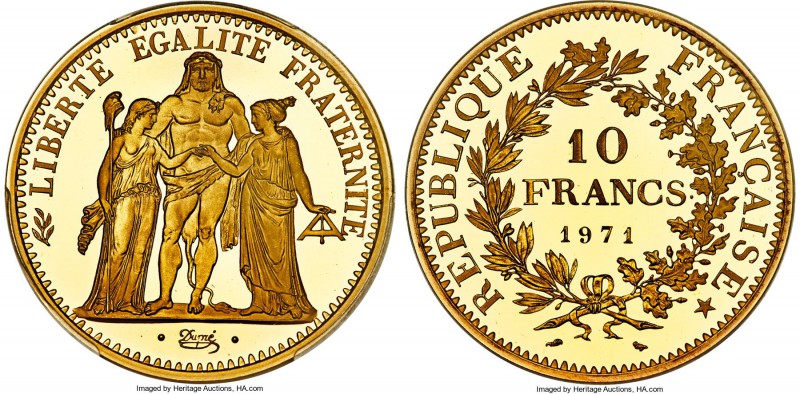 Republic gold Specimen Piefort 10 Francs 1971 SP68 PCGS, KM-P436. A masterful be...