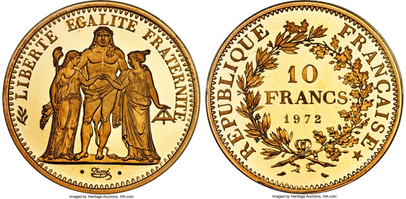 Republic gold Specimen Piefort 10 Francs 1972 SP69 PCGS, KM-P459, Gad-813P10. A ...
