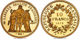 Republic gold Specimen Piefort 10 Francs 1972 SP69 PCGS, KM-P459, Gad-813P10. A scarce and monumental offering, showcasing wonderfully sheen fields an...