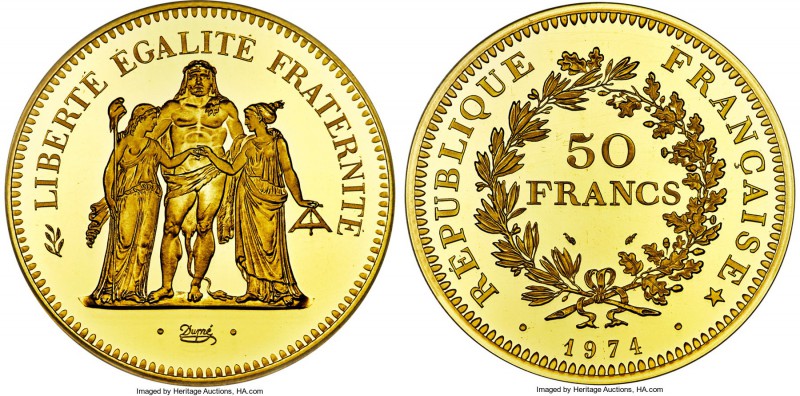 Republic gold Specimen Piefort 50 Francs 1974 SP67 PCGS, KM-P510. A rather fleet...