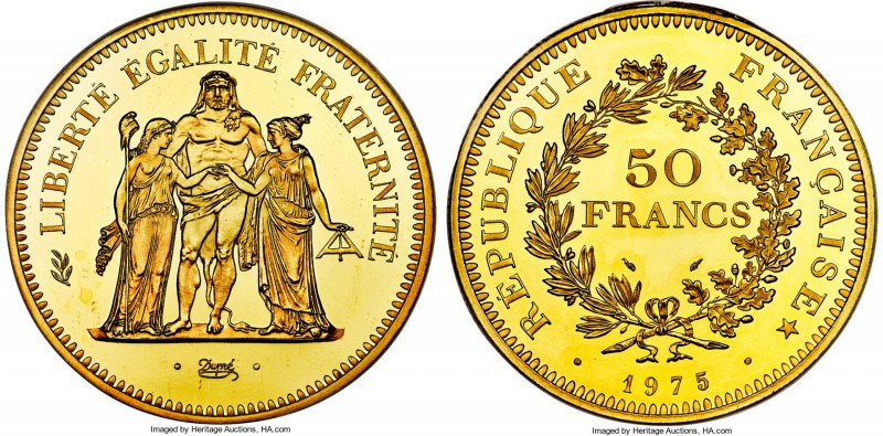 Republic gold Proof Piefort 50 Francs 1975 PR66 Ultra Cameo NGC, Paris mint, KM-...