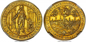 Bavaria. Maximilian I gold 5 Ducat 1640 AU58 NGC, KM268, Fr-196. Featuring the great Maximilian in full armor and an outstanding city view of Munich w...
