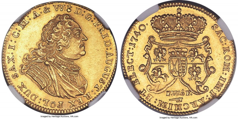 Saxony. Friedrich August II gold 2 Ducat 1740-FWoF MS62 NGC, Dresden mint, Fr-28...