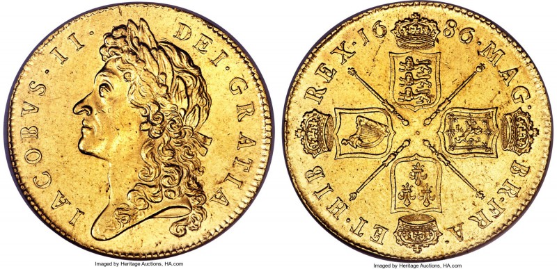 James II gold 5 Guineas 1686 AU58 NGC, KM460.1, S-3396. SECVNDO edge, denoting t...