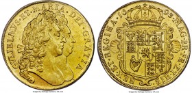 William & Mary gold 5 Guineas 1693 AU55 PCGS, KM479.2, S-3423. QVINTO edge. Featuring the jugate portraits of William and Mary, this highly lustrous s...