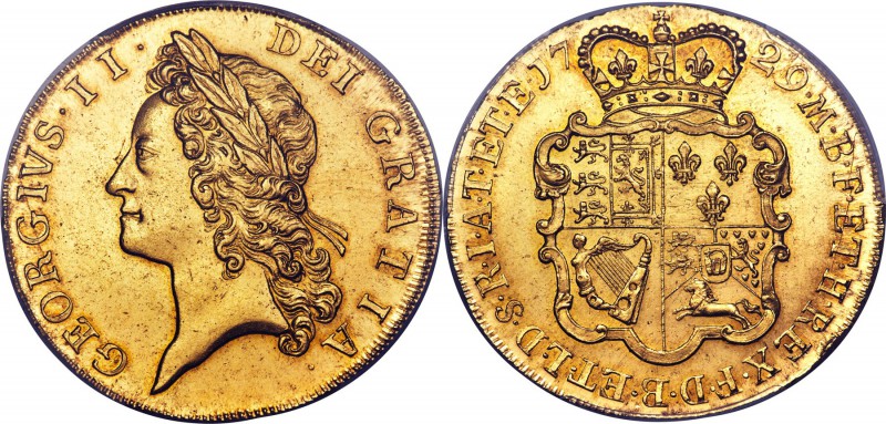 George II gold 5 Guineas 1729 MS64 PCGS, KM571.1, S-3663. The first year of issu...