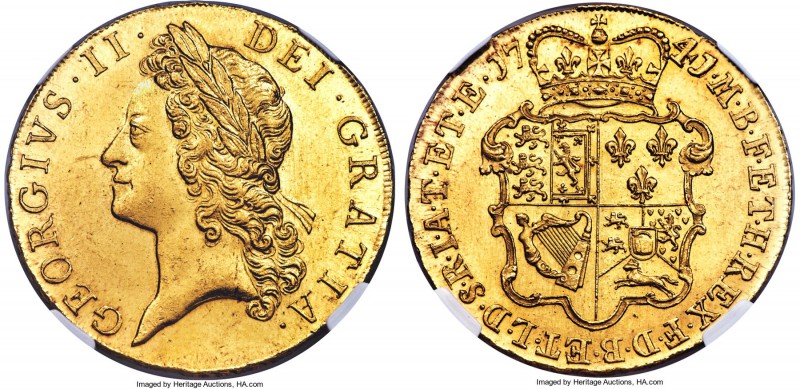 George II gold 5 Guineas 1741/38 MS64 S NGC, KM571.1, S-3663A. The most outstand...