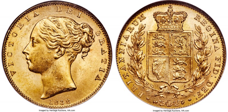 Victoria gold Sovereign 1838 MS65 NGC, KM736.1, S-3852. One of the rarest years ...