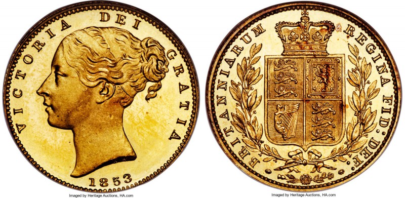 Victoria gold Proof Sovereign 1853 PR65 NGC, KM736.1, S-3852D. A richly colored ...