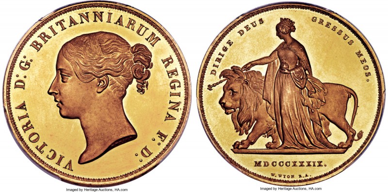 Victoria gold Proof "Una and the Lion" 5 Pounds 1839 PR62+ Deep Cameo PCGS, KM74...