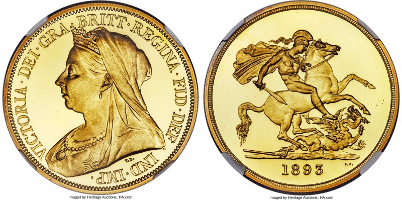 Victoria gold Proof 5 Pounds 1893 PR65 Ultra Cameo NGC, KM787, S-3872. With just...