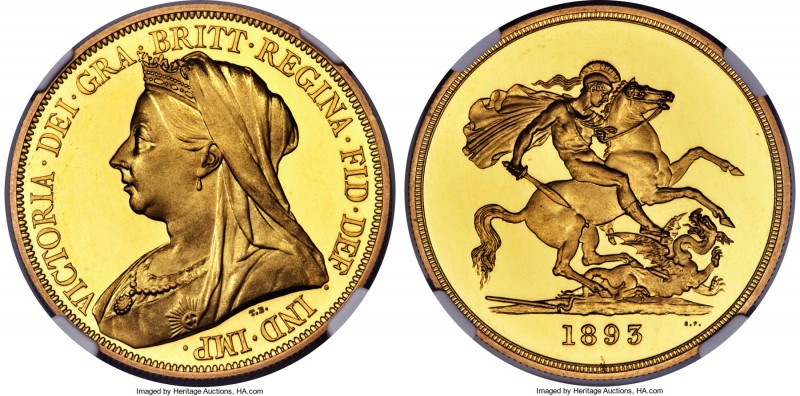 Victoria gold Proof 5 Pounds 1893 PR64 Ultra Cameo NGC, KM787, S-3872. An outsta...